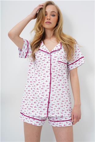 Kadın Papatya Desen Fuşya Tek Cepli Biye Detaylı Pamuklu Gömlek Ve Şortlu Pijama Takımı PJM-X13911