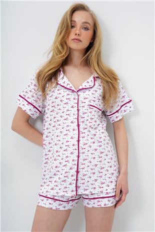 Kadın Papatya Desen Fuşya Tek Cepli Biye Detaylı Pamuklu Gömlek Ve Şortlu Pijama Takımı PJM-X13911