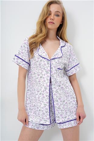 Kadın Mikro Çiçek Mor Tek Cepli Biye Detaylı Pamuklu Gömlek Ve Şortlu Pijama Takımı PJM-X13911