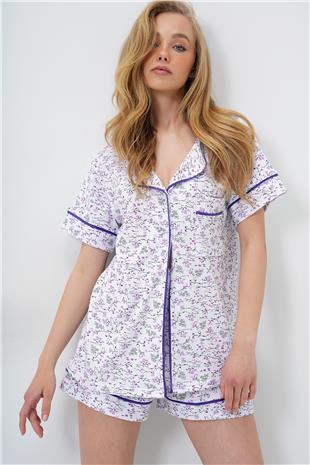 Kadın Mikro Çiçek Mor Tek Cepli Biye Detaylı Pamuklu Gömlek Ve Şortlu Pijama Takımı PJM-X13911
