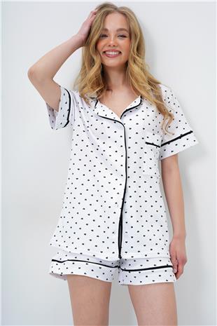 Kadın Mini Kalp Siyah Tek Cepli Biye Detaylı Pamuklu Gömlek Ve Şortlu Pijama Takımı PJM-X13911