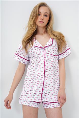 Kadın Papatya Desen Fuşya Tek Cepli Biye Detaylı Pamuklu Gömlek Ve Şortlu Pijama Takımı PJM-X13911