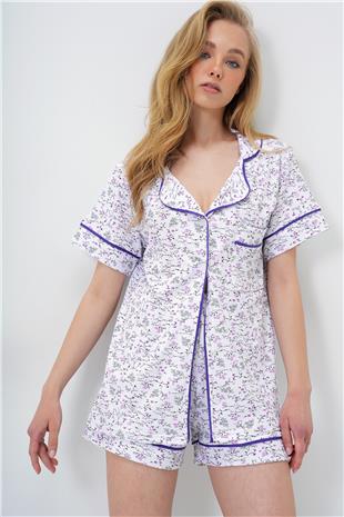 Kadın Mikro Çiçek Mor Tek Cepli Biye Detaylı Pamuklu Gömlek Ve Şortlu Pijama Takımı PJM-X13911