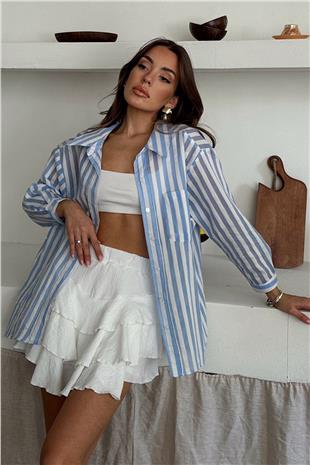 Kadın Mavi Tek Cepli Çizgili Oversize Gömlek VS00661
