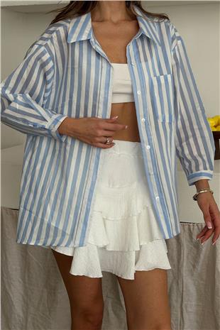 Kadın Mavi Tek Cepli Çizgili Oversize Gömlek VS00661