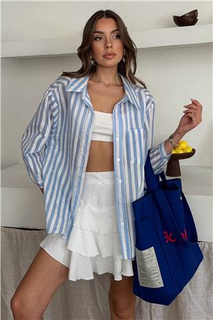 Kadın Mavi Tek Cepli Çizgili Oversize Gömlek VS00661