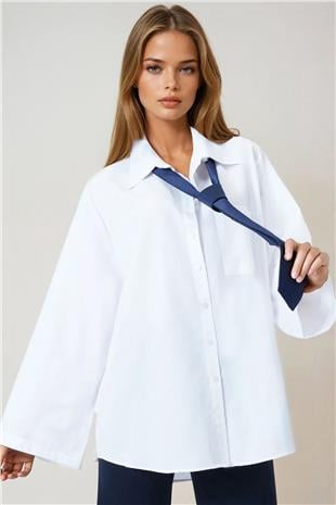 Kadın Beyaz Tek Cepli İspanyol Kol Oversize Gömlek VS01016
