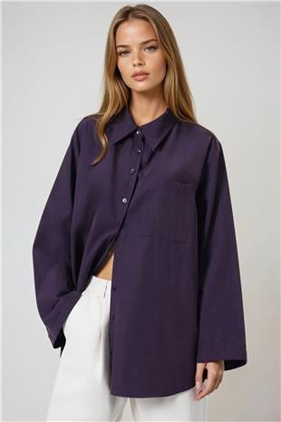 Kadın Mor Tek Cepli İspanyol Kol Oversize Gömlek VS01016