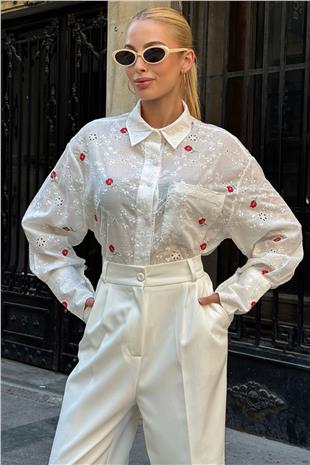 Kadın Kırmızı Tek Cepli Önü Kısa Arkası Uzun Nakış İşlemeli Ajurlu Gömlek VS00726