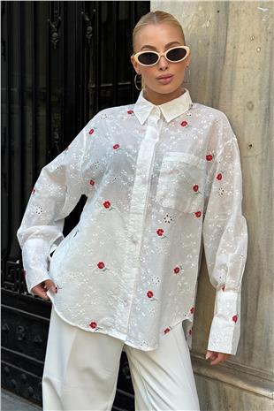 Kadın Kırmızı Tek Cepli Önü Kısa Arkası Uzun Nakış İşlemeli Ajurlu Gömlek VS00726