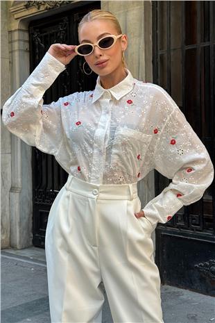 Kadın Kırmızı Tek Cepli Önü Kısa Arkası Uzun Nakış İşlemeli Ajurlu Gömlek VS00726