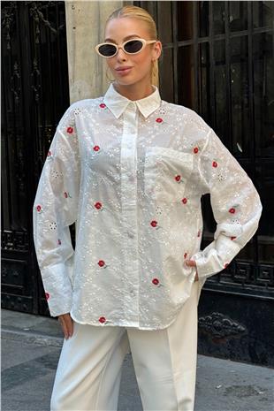 Kadın Kırmızı Tek Cepli Önü Kısa Arkası Uzun Nakış İşlemeli Ajurlu Gömlek VS00726