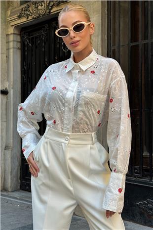 Kadın Kırmızı Tek Cepli Önü Kısa Arkası Uzun Nakış İşlemeli Ajurlu Gömlek VS00726