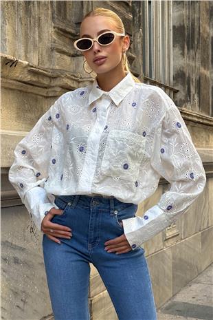 Kadın Mor Tek Cepli Önü Kısa Arkası Uzun Nakış İşlemeli Ajurlu Gömlek VS00726