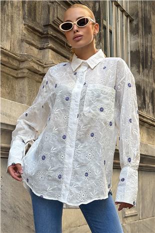 Kadın Mor Tek Cepli Önü Kısa Arkası Uzun Nakış İşlemeli Ajurlu Gömlek VS00726