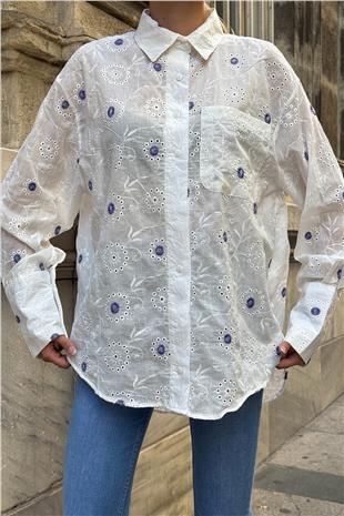 Kadın Mor Tek Cepli Önü Kısa Arkası Uzun Nakış İşlemeli Ajurlu Gömlek VS00726