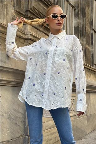 Kadın Mor Tek Cepli Önü Kısa Arkası Uzun Nakış İşlemeli Ajurlu Gömlek VS00726