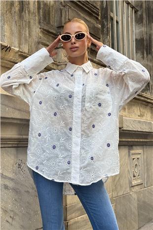 Kadın Mor Tek Cepli Önü Kısa Arkası Uzun Nakış İşlemeli Ajurlu Gömlek VS00726