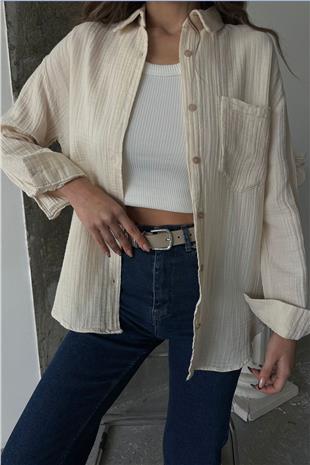 Kadın Beyaz Tek Cepli Oversize Müslin Gömlek VS00658