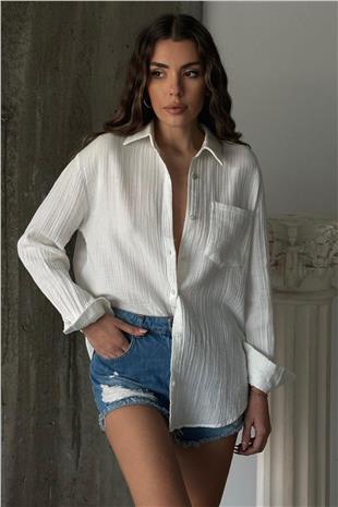 Kadın Krem Tek Cepli Oversize Müslin Gömlek VS00658