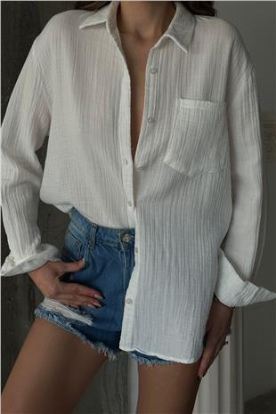 Kadın Krem Tek Cepli Oversize Müslin Gömlek VS00658