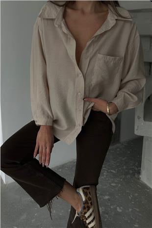 Kadın Bej Tek Cepli Uzun Kol Oversize Gömlek VS00660