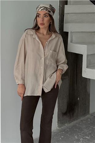 Kadın Bej Tek Cepli Uzun Kol Oversize Gömlek VS00660