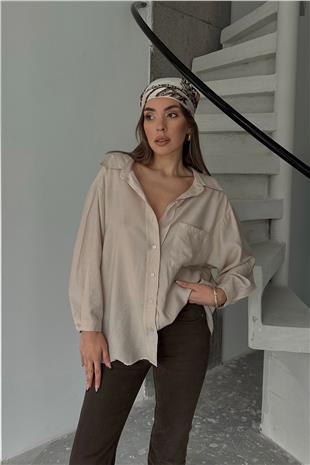 Kadın Bej Tek Cepli Uzun Kol Oversize Gömlek VS00660