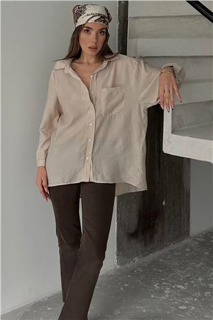 Kadın Bej Tek Cepli Uzun Kol Oversize Gömlek VS00660