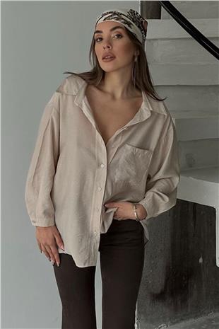 Kadın Bej Tek Cepli Uzun Kol Oversize Gömlek VS00660