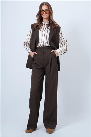 Kadın Kahverengi Tek Düğmeli Çift Cepli Astarlı Yelek Pantolon Takım VS01346