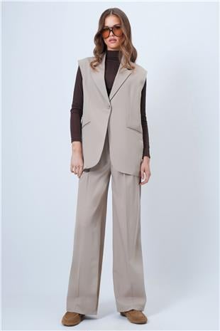 Kadın Bej Tek Düğmeli Çift Cepli Astarlı Yelek Pantolon Takım VS01346