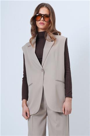 Kadın Bej Tek Düğmeli Çift Cepli Astarlı Yelek Pantolon Takım VS01346