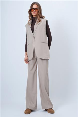 Kadın Bej Tek Düğmeli Çift Cepli Astarlı Yelek Pantolon Takım VS01346