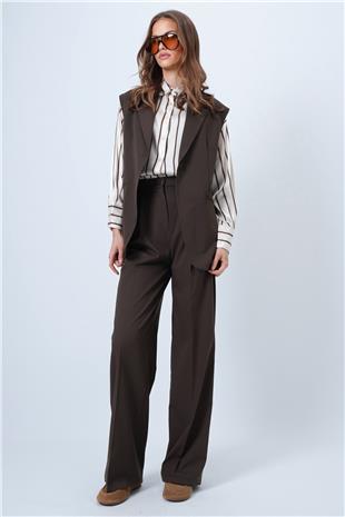 Kadın Kahverengi Tek Düğmeli Çift Cepli Astarlı Yelek Pantolon Takım VS01346
