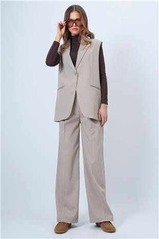 Kadın Bej Tek Düğmeli Çift Cepli Astarlı Yelek Pantolon Takım VS01346