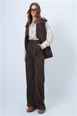 Kadın Kahverengi Tek Düğmeli Çift Cepli Astarlı Yelek Pantolon Takım VS01346