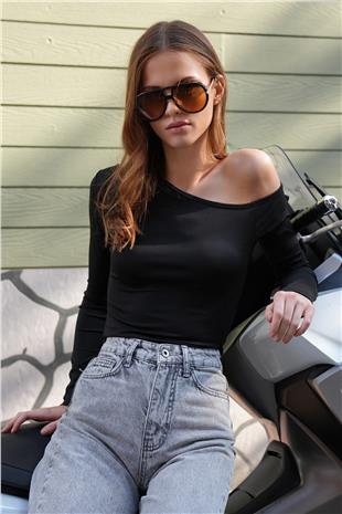Kadın Siyah Tek Omuz Kesik Detaylı Uzun Kollu Bluz VS01222