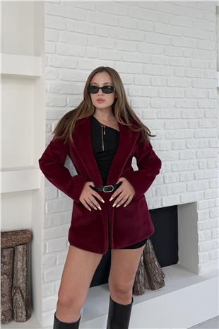 Kadın Bordo Tokalı Kemerli Yumuşak Dokulu Kürk Görünümlü Ceket VS00885