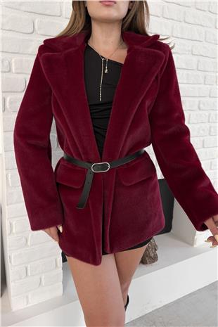 Kadın Bordo Tokalı Kemerli Yumuşak Dokulu Kürk Görünümlü Ceket VS00885