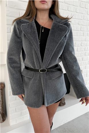 Kadın Gri Tokalı Kemerli Yumuşak Dokulu Kürk Görünümlü Ceket VS00885