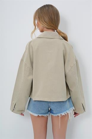 Kadın Bej Torba Cepli Çoban Dikişli Crop Jean Ceket ALC-X13562