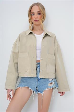 Kadın Bej Torba Cepli Çoban Dikişli Crop Jean Ceket ALC-X13562
