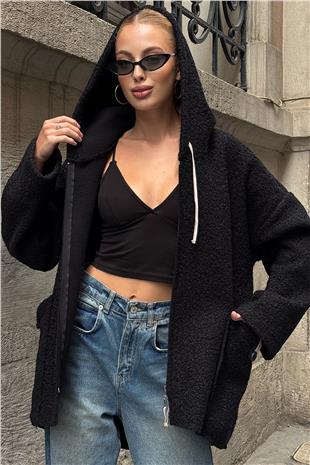 Kadın Siyah Torba Cepli Kapüşonlu Fermuar Kapamalı Astarsız Kaban VS01289