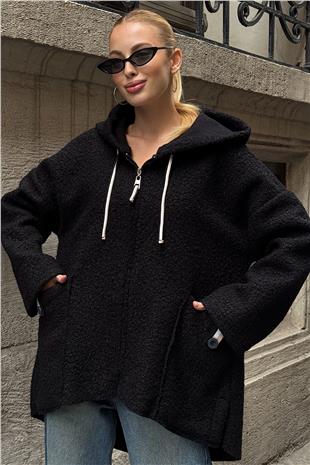 Kadın Siyah Torba Cepli Kapüşonlu Fermuar Kapamalı Astarsız Kaban VS01289