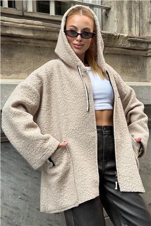 Kadın Bej Torba Cepli Kapüşonlu Fermuar Kapamalı Kaşe Kaban VS01289