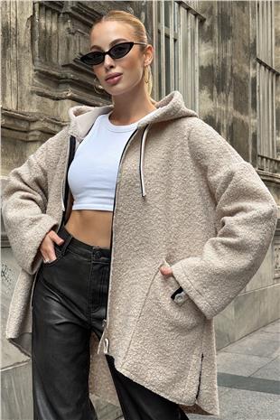 Kadın Bej Torba Cepli Kapüşonlu Fermuar Kapamalı Kaşe Kaban VS01289