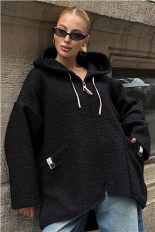 Kadın Siyah Torba Cepli Kapüşonlu Fermuar Kapamalı Astarsız Kaban VS01289