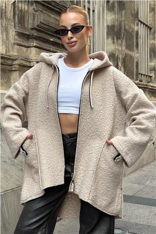 Kadın Bej Torba Cepli Kapüşonlu Fermuar Kapamalı Kaşe Kaban VS01289