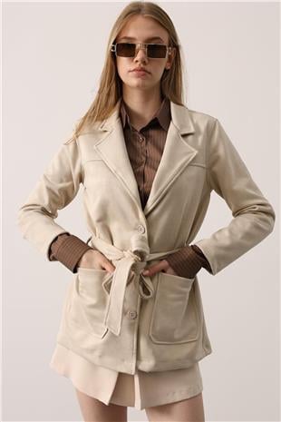 Kadın Taş Torba Cepli Kuşaklı Kruvaze Yaka Kaban VS01257